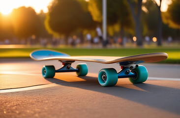 Close-up of a skateboard on pavement in golden hour light. Selective focus. Ideal for lifestyle and urban themes capturing the essence of outdoor sports and youthful freedom in a park setting