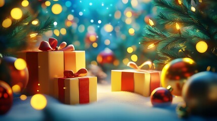 Poster - Vibrant Holiday Gifts Wrapped with Red Ribbons and Sparkling Bokeh Background : Generative AI