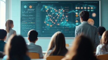 Aufkleber - Students engage with a digital educational poster illustrating complex data analysis in a modern classroom setting