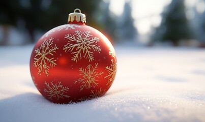 Aufkleber - Elegant red and gold holiday ornament in snowfall scene capturing the essence of Christmas celebration : Generative AI