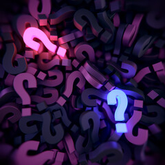 Fototapete - Scattered three-dimensional question marks in a dark pink-purple palette. 3d rendering