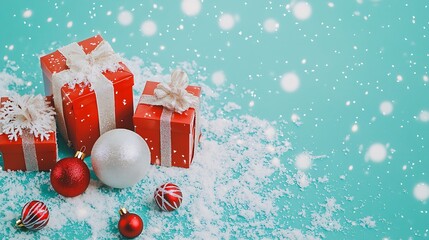 Poster - Snowy Christmas Presents with Red Ornaments and Falling Snowflakes on Turquoise : Generative AI