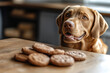 © Yauheniya - A curious dog eagerly gazes at freshly baked cookies on a wooden table in a cozy kitchen setting during the afternoon. Generative AI