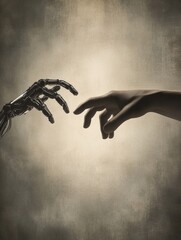 Poster - A human hand extends toward a robotic hand, symbolizing the connection between humans and technology in a dimly lit space. Generative AI
