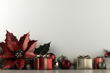 Poster - Elegant Christmas Gifts and Decorations with Red and Gold Accents in Minimalist Style : Generative AI