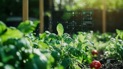 Aufkleber - Lush plants grow in a smart garden equipped with automated sprinklers and soil sensors under the warm morning sun, promoting healthy growth. Generative AI