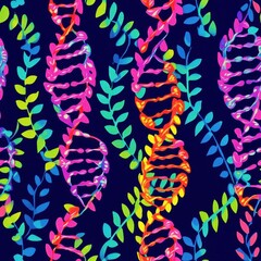 Poster - Vibrant double-helix DNA strands intertwined with colorful leaves in an artistic representation set against a dark background