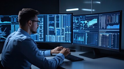 A Man Working on Multiple Computer Monitors with Data and Graphs Displayed