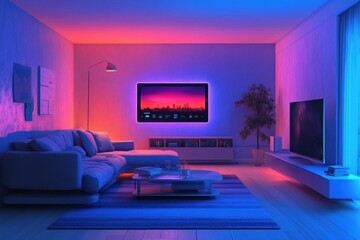 Poster - A stylish living room showcases ambient smart lighting in vibrant hues, creating a cozy space perfect for relaxation or entertainment at night. Generative AI