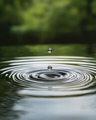 Poster - A close-up view of a single water drop descending into a tranquil pond, creating ripples in the calm surface during daylight