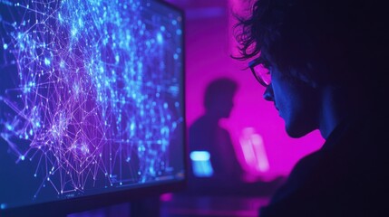 Fototapete - A close-up view of a computer screen displaying complex data visualization with colorful light effects and a focused individual in the background