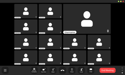 Wall Mural - a virtual meeting setup with multiple participants showcasing blank user icons against a dark backgr