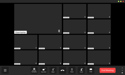 Wall Mural - virtual meeting grid with multiple blank participants displayed on a dark interface during a morning