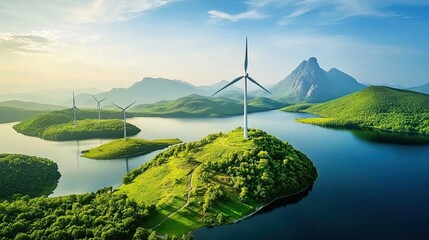 Wall Mural - Wind Turbines on Lush Green Islands in a Mountain Lake