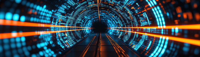 Wall Mural - a futuristic tunnel illuminated with vibrant blue and orange lights, creating a mesmerizing digital 