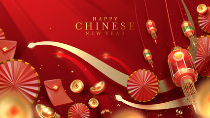 Chinese New Year background with bright lanterns with realistic 3D Chinese New Year elements, elegant style poster design concept for the Year of the Snake.