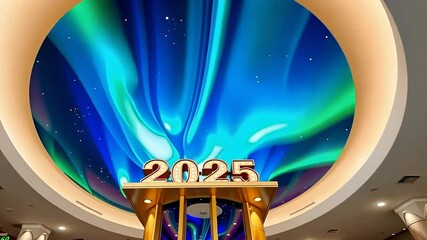Wall Mural - hospital atrium with a New Year 2025-themed digital aurora borealis display, creating a mesmerizing light show on the ceiling.