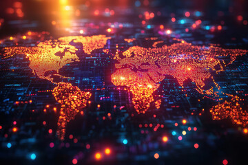 Wall Mural - vibrant digital world map illuminated with glowing dots, showcasing interconnectedness and technolog