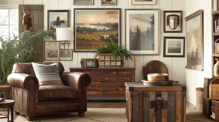 Living room with rustic American charm, featuring a leather armchair, reclaimed wood coffee table, and a large gallery wall of vintage artwork. interior design 