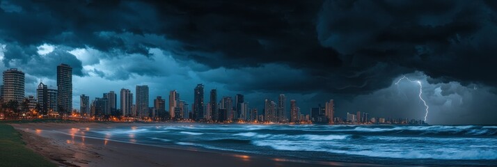 Poster - Dark clouds gather ominously over the coastal city as thunder rumbles and lightning strikes, creating a dramatic atmosphere by the shore. Generative AI