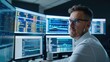 © Vilaysack - Focused financial analyst analyzing stock market data displayed on multiple screens, tracking market trends and financial indicators.