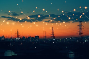 Aufkleber - A network of glowing lines against a sunset city skyline.