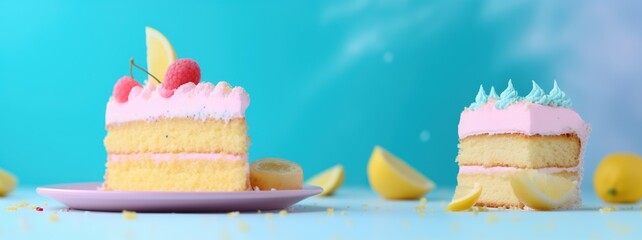 Refreshing lemon and raspberry cake with pastel colors and copy space for dessert inspiration