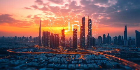 Fototapete - Sunset cityscape with futuristic network overlay.