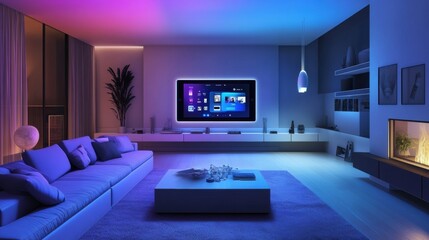 Poster - A stylish living room showcases customizable smart lighting, enhancing the atmosphere with vibrant colors and touch panel controls. Generative AI