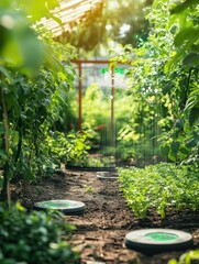 Aufkleber - Automated sprinklers and soil sensors nurture a thriving garden, enhancing plant growth and ensuring optimal moisture levels. Generative AI