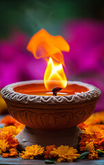 Wall Mural - A close-up of an oil lamp burning with a yellow flame, symbolizing the light and joy during the Diwali festival in India