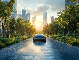 Fototapete - A modern electric car drives down a tree-lined road in a futuristic city at sunset.