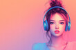© Kwanruethai - Portrait of a young woman with headphones, vibrant colors, dreamy expression, seamless gradient background.