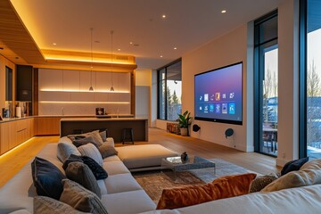 Aufkleber - This contemporary living room showcases customizable ambient smart lighting and touch panels, enhancing the modern decor and functionality. Generative AI