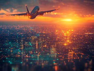 Aufkleber - Airplane taking off over a city at sunset with a futuristic digital overlay.