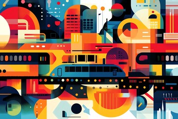 Poster - Abstract geometric illustration of a city with a train, symbolizing modern transportation and urban development.