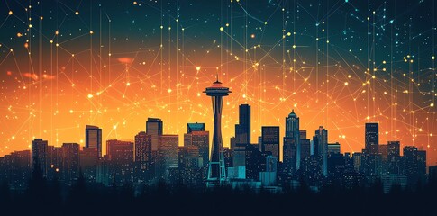 Aufkleber - A modern city skyline at night with a network of glowing lines connecting buildings.