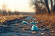 © woters - Discarded masks scattered along a rural path at sunset, reflecting the impact of health measures on the environment