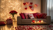 © Halina - Romantic living room decorated for Valentine's Day with heart balloons, rose petals, and glowing fairy lights