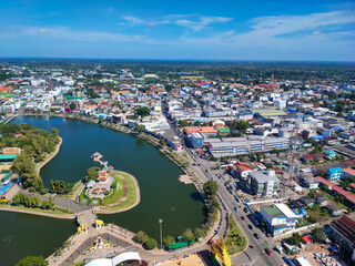 The center city and Palanchai lake view with blue sky, Roi Et, Thailand.