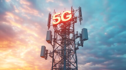 Aufkleber - A cell tower with a 5G sign illuminated against a cloudy sky at sunset.