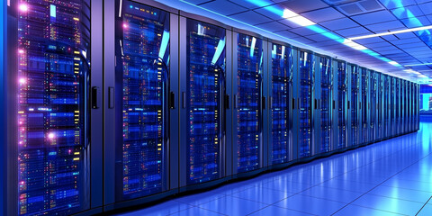 Poster - futuristic data center with endless rows of servers, glowing with blue lights, showcasing advanced technology and modern infrastructure
