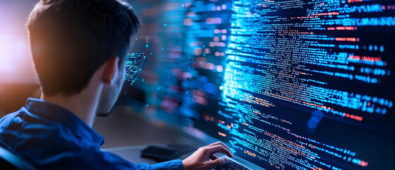 Aufkleber - programmer intensely analyzes complex algorithms with AI support, surrounded by glowing code on multiple screens in modern tech environment
