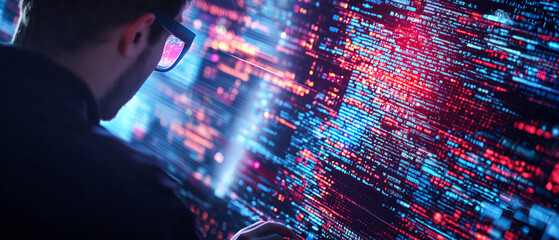 Aufkleber - programmer intensely working with AI driven code analysis tool, surrounded by vibrant digital code