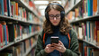© DOUGLAS - student in library wearing headphones and holding phone, surrounded by bookshelves, appears focused and engaged