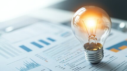 Wall Mural - a glowing light bulb symbolizing bright ideas on business papers.