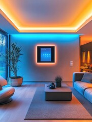 Poster - The cozy living room showcases soft, ambient smart lighting and touch panels, creating a warm and inviting atmosphere for relaxation. Generative AI