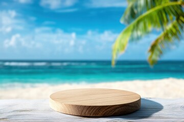 Wall Mural - Empty round wooden podium displaying products on tropical beach with palm tree