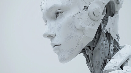 Half Face of a Female Robot with Flowing Data Codes Representing AI Data Processing and Technology. A Photorealistic, Futuristic Depiction of Artificial Intelligence and Human-like Robotics