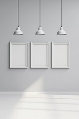 Wall Mural - minimalistic interior featuring three empty frames suspended from the ceiling, providing a serene an